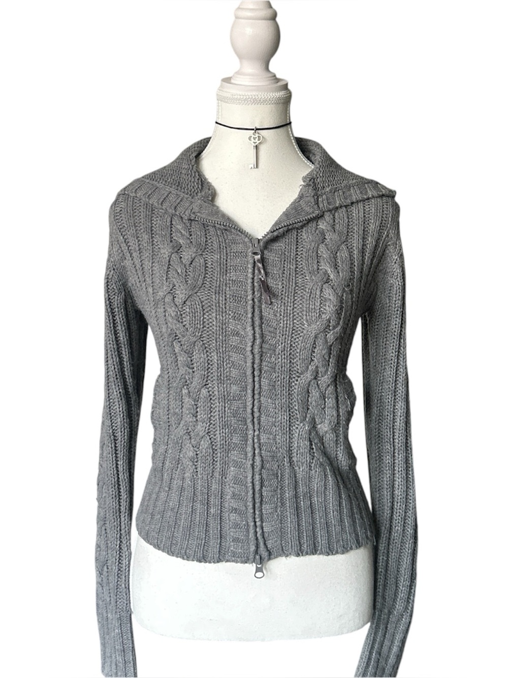 Y2K “Cafebrand” Basic Gray Cable Knit Zip-up Long Sleeve Hoodie Sweater